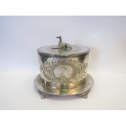 1328 - A plated biscuit box/caddy surmounted with a greyhound