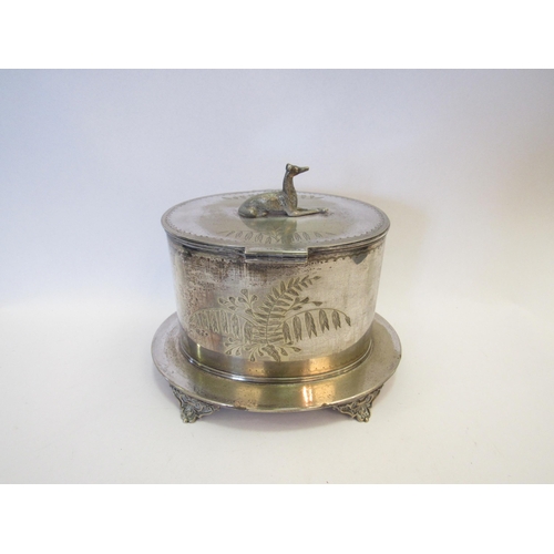 1328 - A plated biscuit box/caddy surmounted with a greyhound