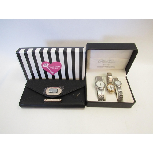 1330 - Three lady's fashion watches and an Anna Smith purse  (E)  £10-20