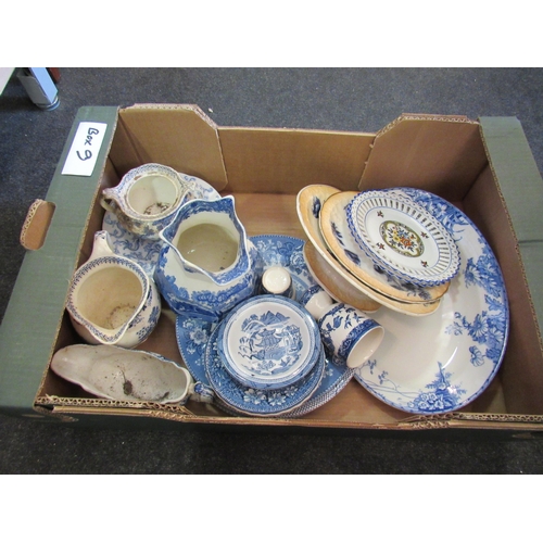 1468 - A box containing blue and white ceramics, meat plate, jugs, Willow pattern