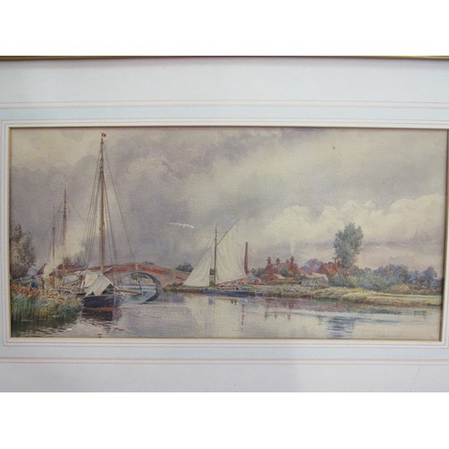 1211 - A watercolour of Broads river scene, moored boats and figures by bridge, signed Miller Marshall indi... 