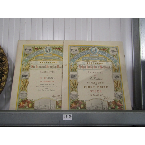 2100 - A pair of Smithfield First Prize certificates, 1920's and 30's