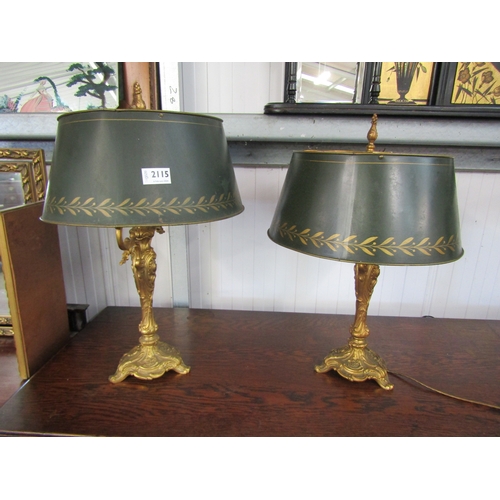 2115 - A pair of table lamps, green toleware shades and gilt rococo bases