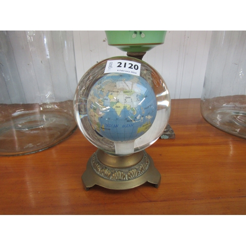 2120 - A glass world globe on brass stand 18cm tall   (R)  £20