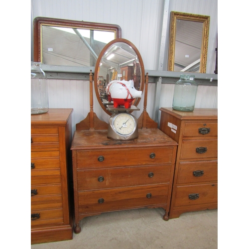 2128 - An Edwardian satinwood dressing chest oval bevel edge mirror, three drawers ball feet, top a/f