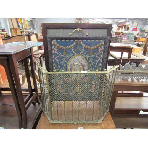 2158 - A brass folding fire guard and two fire screens