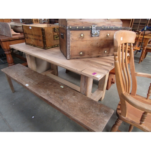 2239 - A stripped oak top table on chunky pine base