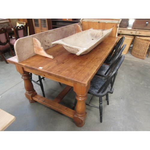 2246 - A substantial pine refectory table on turned legs and H-stretcher 105 X 183cm   (E)  £100-150