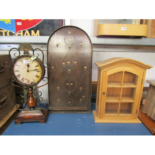 2260 - A metal and mahogany clock, bagatell board and table top pine glazed cupboard (3)