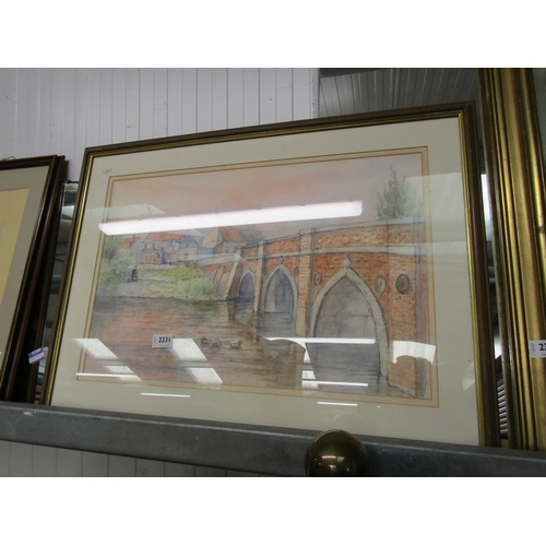 2331 - A large framed and glazed watercolour painting by Douglas Page of a village river scene