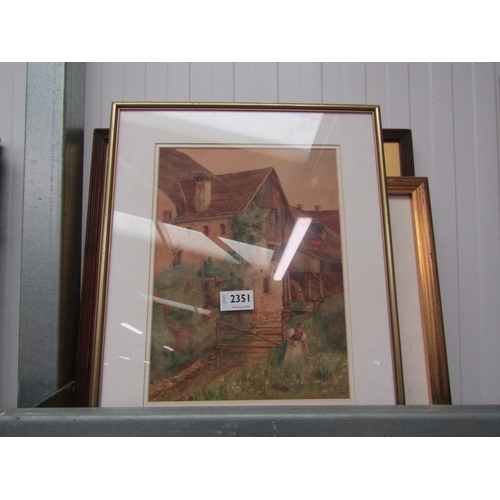 2351 - Three 19th Century framed and glazed watercolour painting of a cottage/farmhouse & pond with childre... 