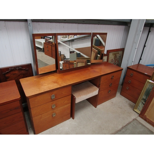 2354 - A Stag dressing table, three mirrors over twin three drawer pedestals, with stool