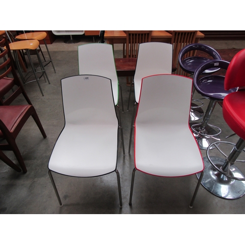 2381 - A set of four 1970's style plastic and chrome chairs different coloured trim