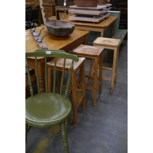 2292 - Three laboratory stools and a green painted stick back chair