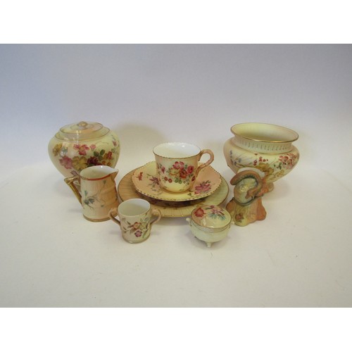 1184 - A group of Royal Worcester blush ivory porcelain items including cups, saucers, vase etc, each with ... 