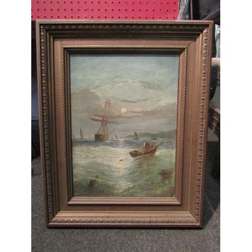 1057 - A framed oil on board depicting ships at sea, a/f in areas, 31cm x 42cm image size