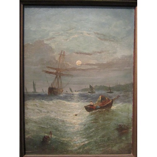 1057 - A framed oil on board depicting ships at sea, a/f in areas, 31cm x 42cm image size