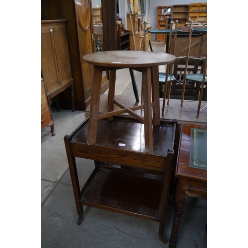 2152 - A 1940's tea trolley single drawer lower tier and a pine circular coffee table (2)