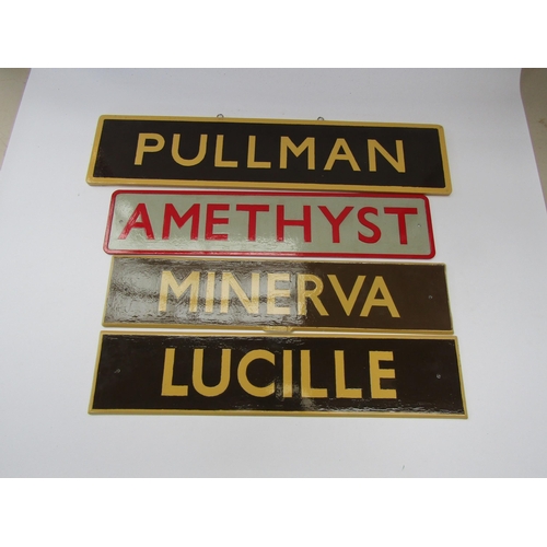 5075 - Four painted metal and wooden reproduction carriage names - Amethyst, Minerva. Lucille and Pullman