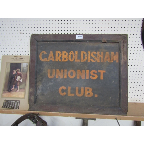 5044 - A framed Garboldisham Union Club sign with a 1930's G E Doe Calender
