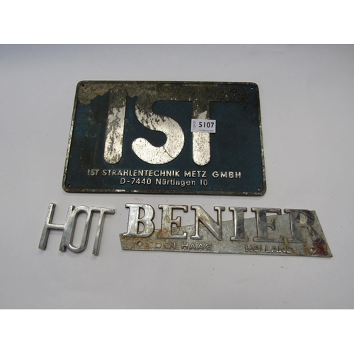 5107 - Three alloy signs/plaques including 'Benier'   (E)  £5-10