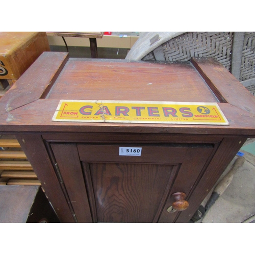 5160 - A pitch pine single door cupboard with 'Carters' card label to top and interior, 43cm x 27cm x 53cm ... 