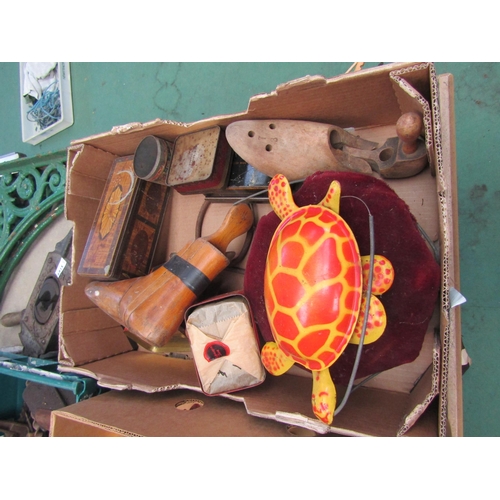 5168 - A box of mixed including wooden shoe lasts, foot warmer etc