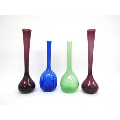 9185 - Four Arthur Percy Scandinavian glass vases in amethyst, blue and green. Tallest 30cm