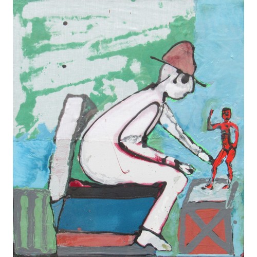 9446 - JOHN KIKI (b.1943) A framed and glazed mixed media on altered canvas depicting figures. 58cm x 52cm