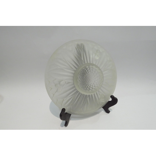 4399 - A mid-20th Century frosted glass sunflower dish with bees as feet, 22.5cm diameter, a bedside water ... 