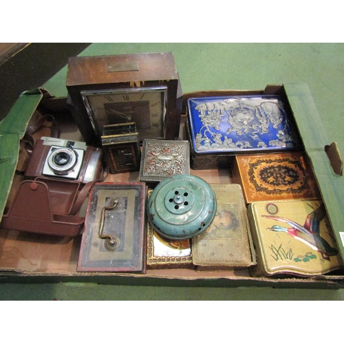 4227 - A mixed lot including vintage tins, Smiths mantel clock, Coronet camera, Marklin spinning top etc