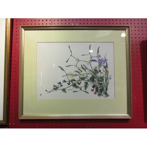 4076 - BARBARA WATSON: A watercolour still life depicting cyclamen, ivy etc., monogrammed lower left, frame... 