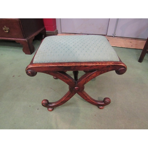 4189 - A 19th Century figured hardwood X-frame stool with drop-in seat, 42cm tall x 51cm wide x 37cm deep