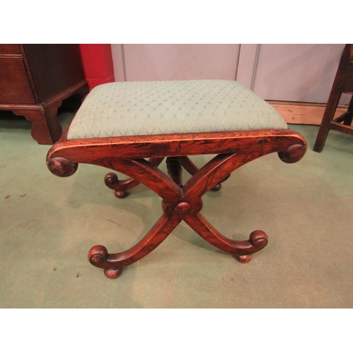 4189 - A 19th Century figured hardwood X-frame stool with drop-in seat, 42cm tall x 51cm wide x 37cm deep