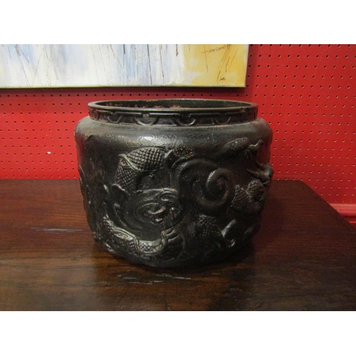 4029 - A Clanta, England, jardiniere with dragon relief, numbered 2006K to base, 20cm tall x 26cm diameter