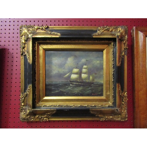 4032 - An oleograph of ship at sail, gilt and ebonised frame, 19cm x 24.5cm image size