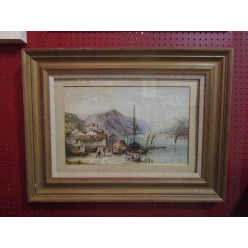 4051 - A watercolour depicting a shoreline with boats, figures and houses, framed and glazed, 26cm x 39cm i... 