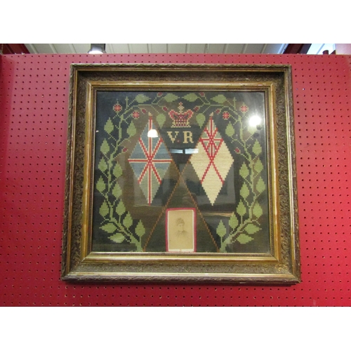 4067 - A Victorian commemorative wool tapestry with integrated photograph, framed and glazed, 40cm x 43cm i... 