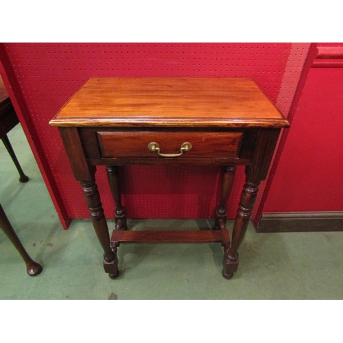 4070 - A mahogany hall table with single drawer on turned supports to stretcher base, 80cm tall x 61cm wide... 