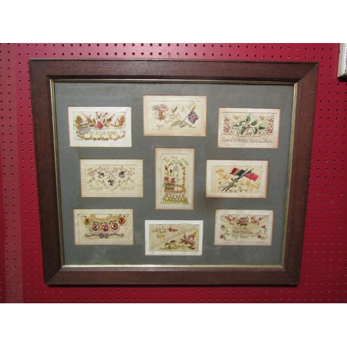 4072 - A display of nine WWI silk postcards, framed and glazed as one, 48cm x 58cm total