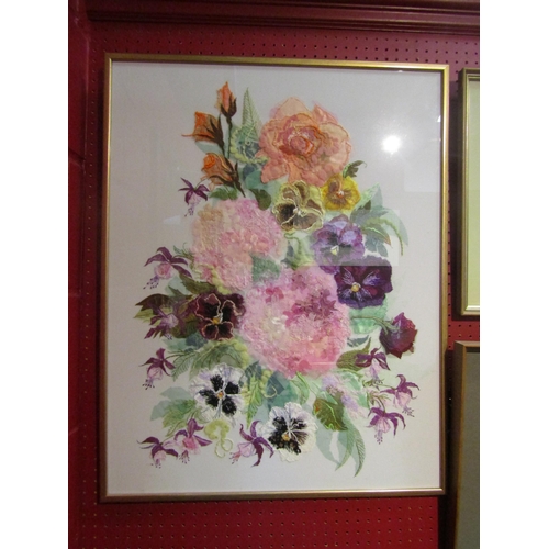 4075 - JENNIFER MEAKIN: An applique still-life of flowers including fuchsia, roses and pansies, framed and ... 