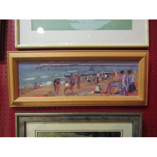 4108 - An acrylic on board depicting a beach scene with people in the foreground and pier, (possibly Cromer... 