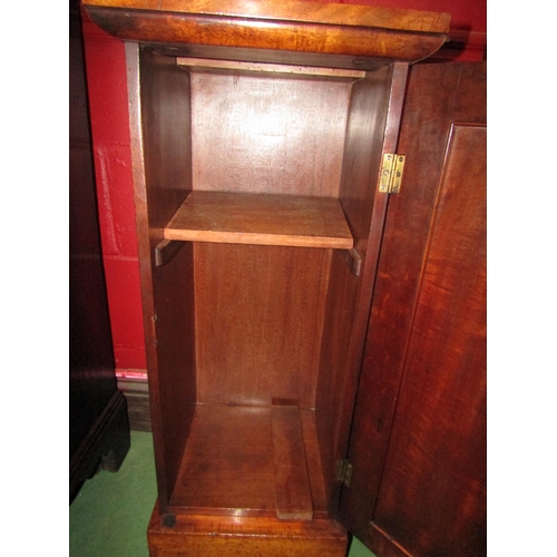 4126 - A circa 1840 country house flame mahogany single door cabinet with turned handle over a deep plinth ... 