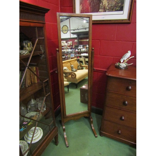 4133 - An Edwardian oak cheval mirror with turned finials over outswept legged base, 169cm tall x 49cm wide... 