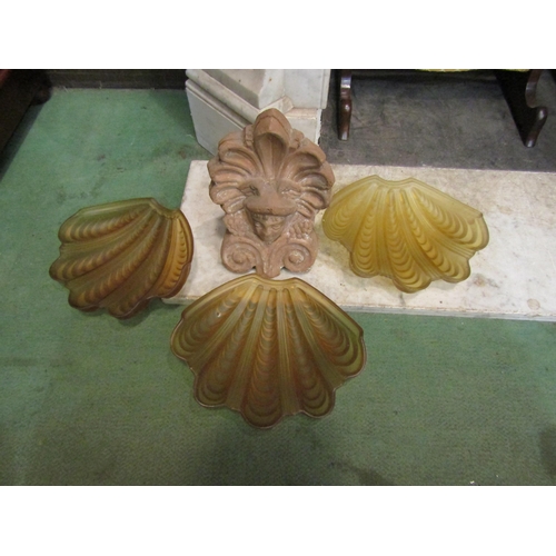 4148 - Three Art Deco frosted glass light shades, shell form with amber tones, and a terracotta free standi... 