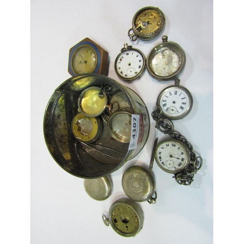 4307 - A tub containing assorted pocket watches, mostly for spares and repairs, including silver cased exam... 