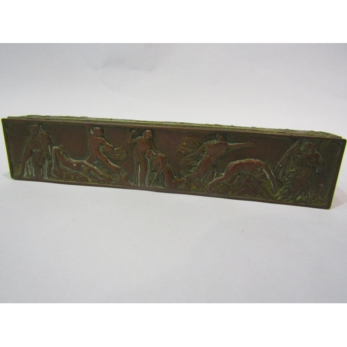 4309 - An Edwardian copper, velvet lined jewellery casket embossed with classical Greek figures, 24cm long ... 