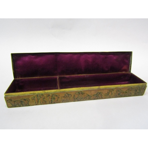 4309 - An Edwardian copper, velvet lined jewellery casket embossed with classical Greek figures, 24cm long ... 