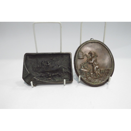 4355 - A Victorian copper plaque, 12cm long and a steam ship ashtray     (R) £35