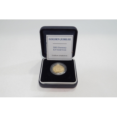 4358 - A 2002 Guernsey £25 gold coin with Royal Mint certificates, set in Westminster mint box